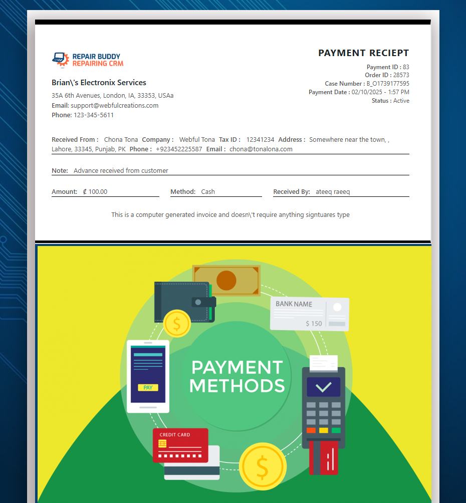 Professional payment receipt for all payment methods