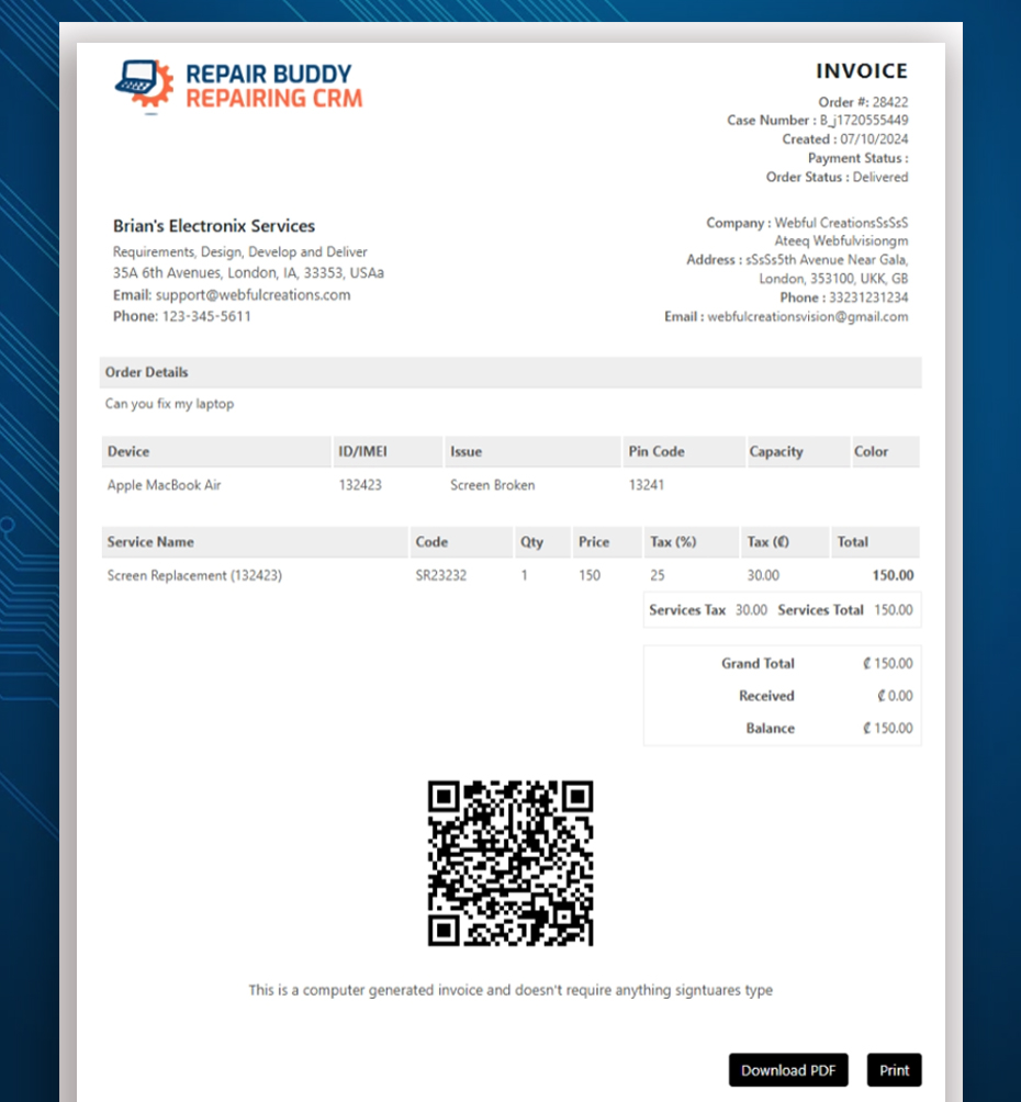 Itemized job invoice