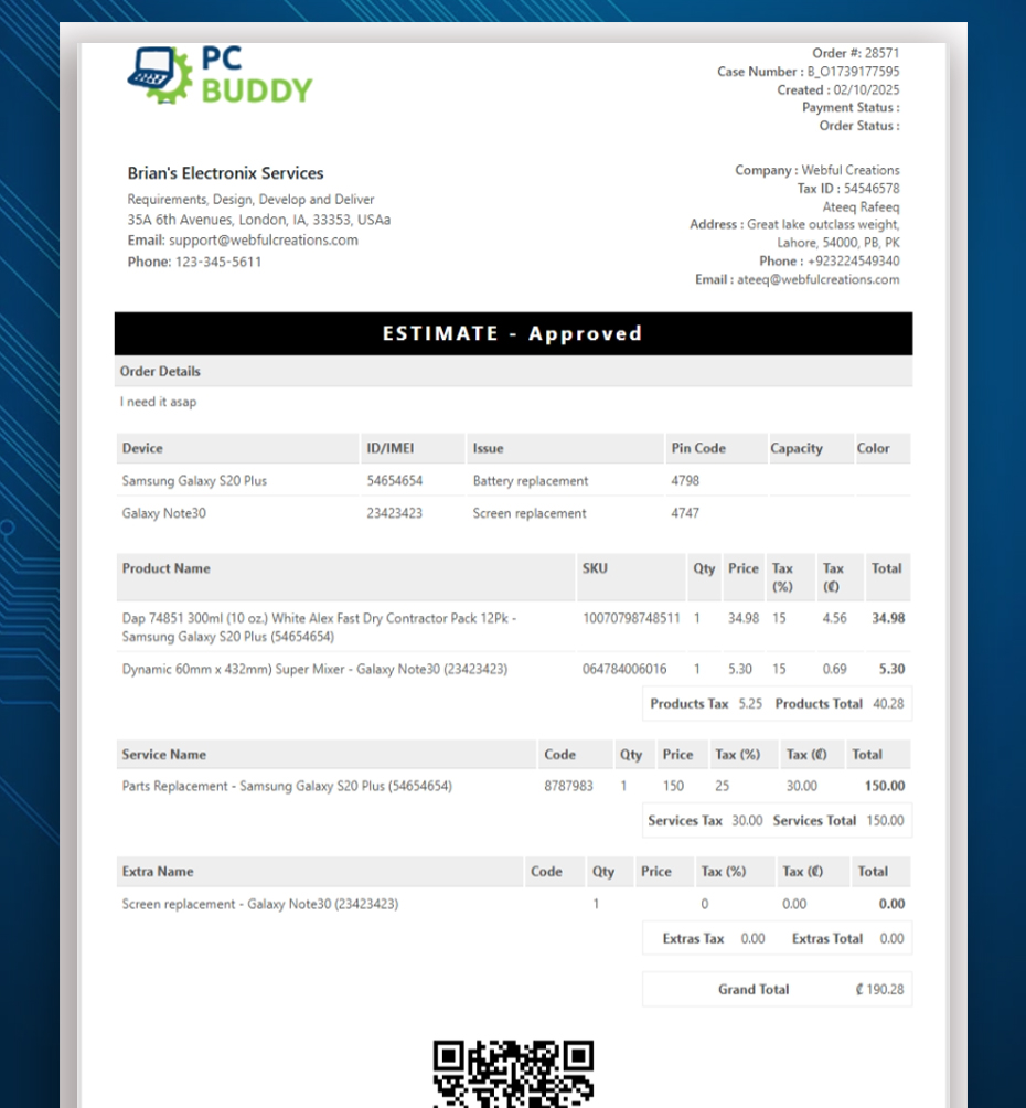 Send Estimate for customer approval
