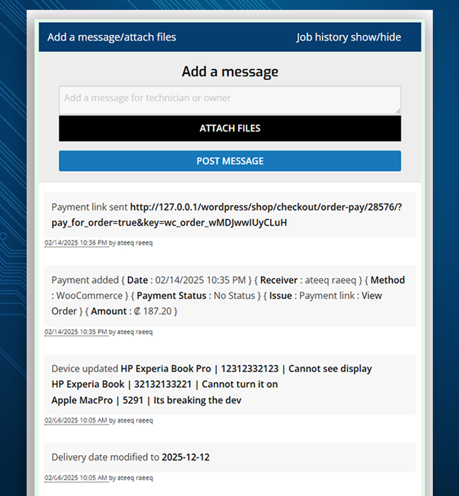Customers can attach files and messages to jobs