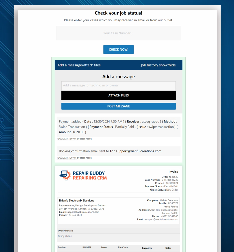 Customer job status page with message posting