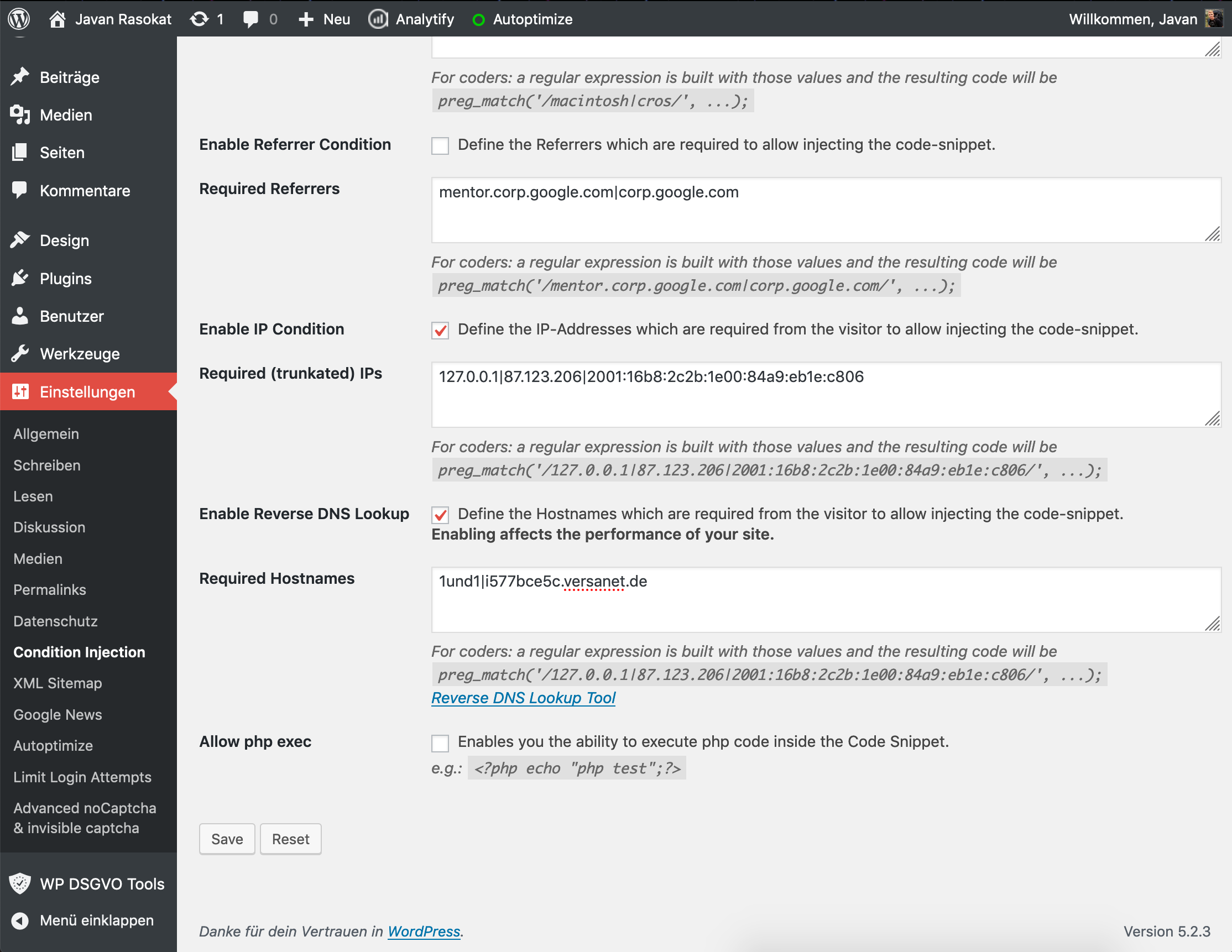 Configuration panel Settings