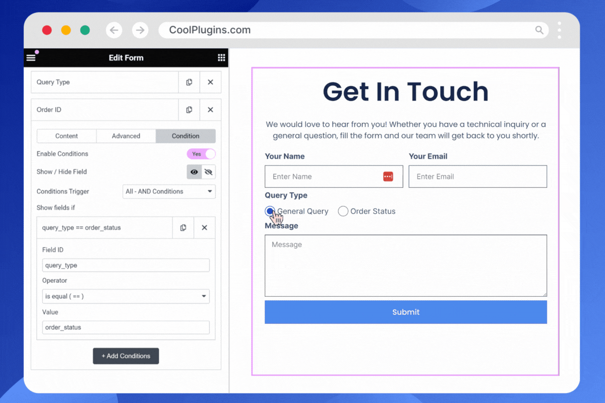 Conditionally show/hide Elementor form fields.
