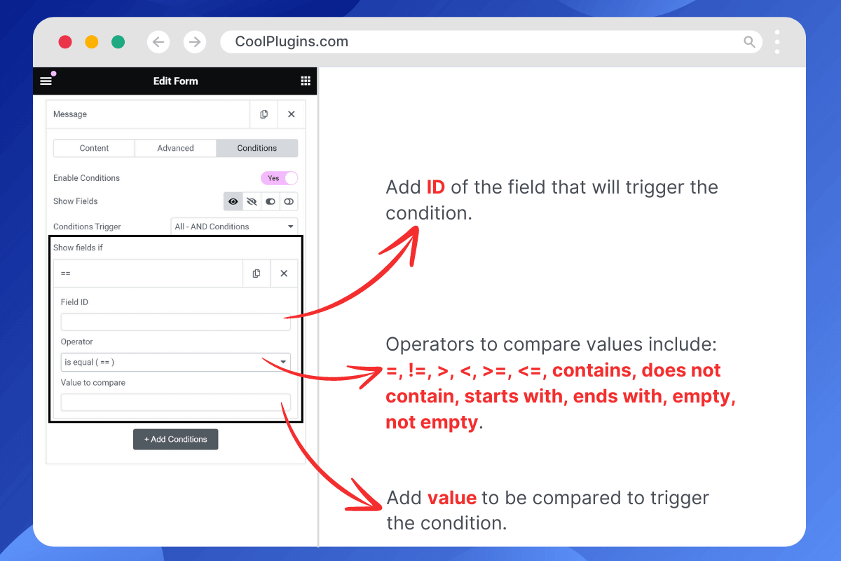 Trigger conditions using multiple comparison operators.
