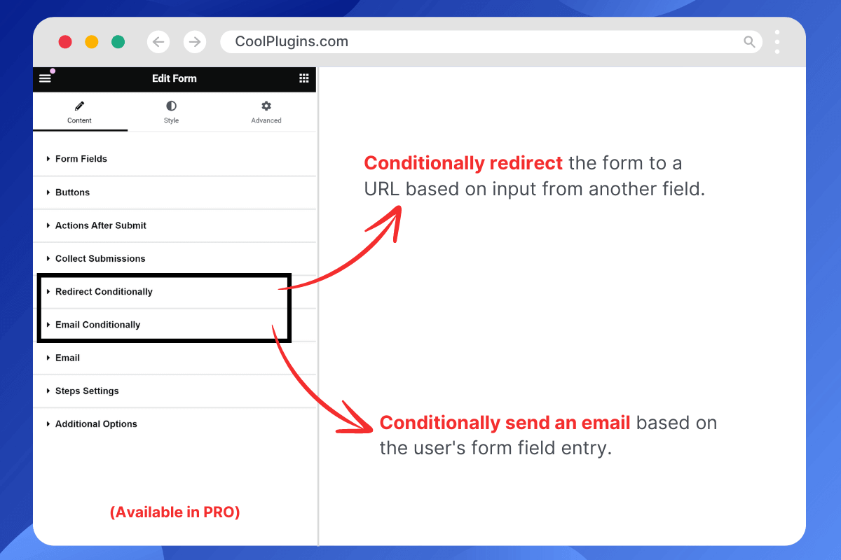 Conditionally redirect the form or send an email.