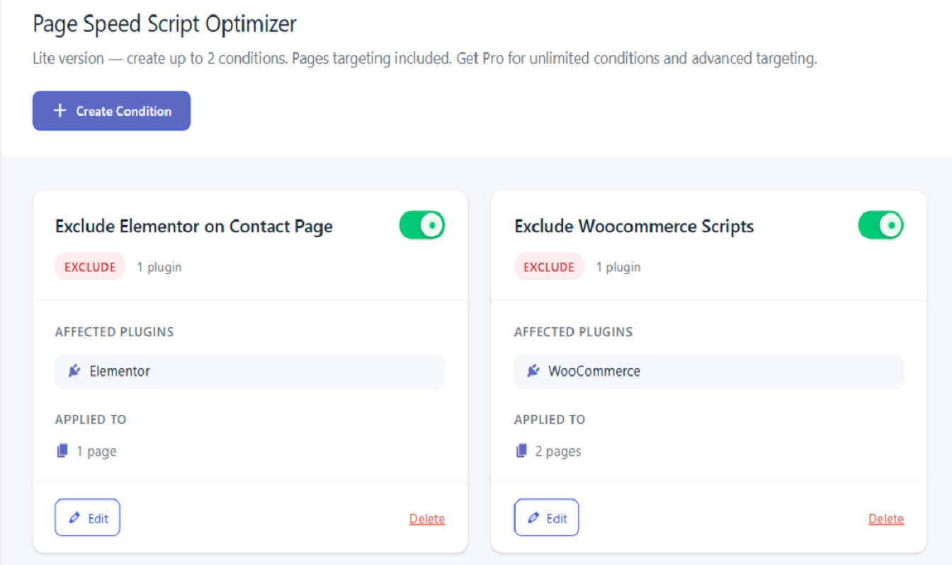 Main conditional load manager interface showing performance optimization conditions