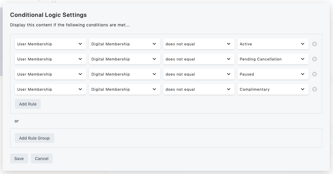 Combine rules to check if the user does <em>not</em> have any of several statuses.