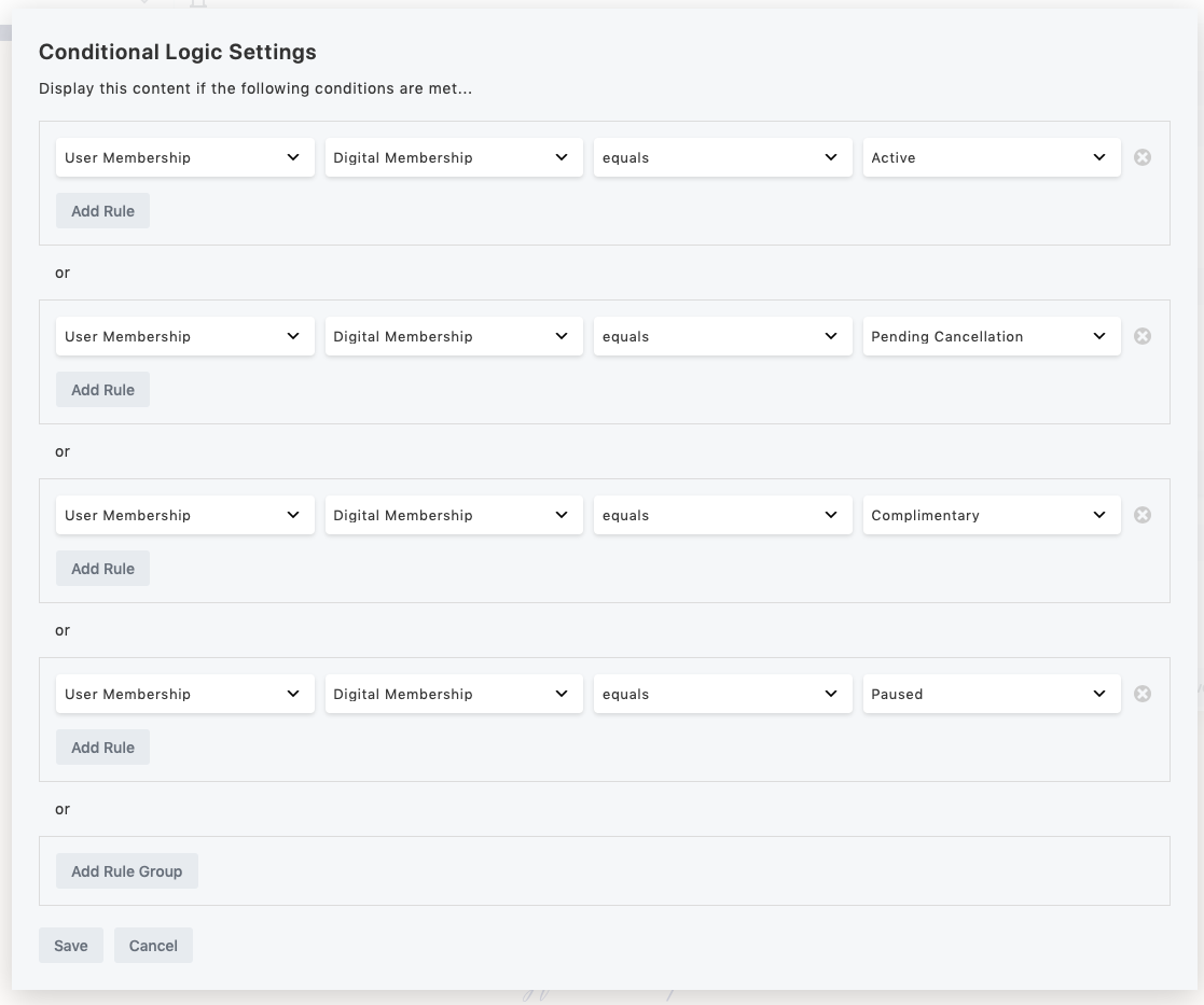 Combine rules with OR to check if the user has <em>any</em> of several statuses.