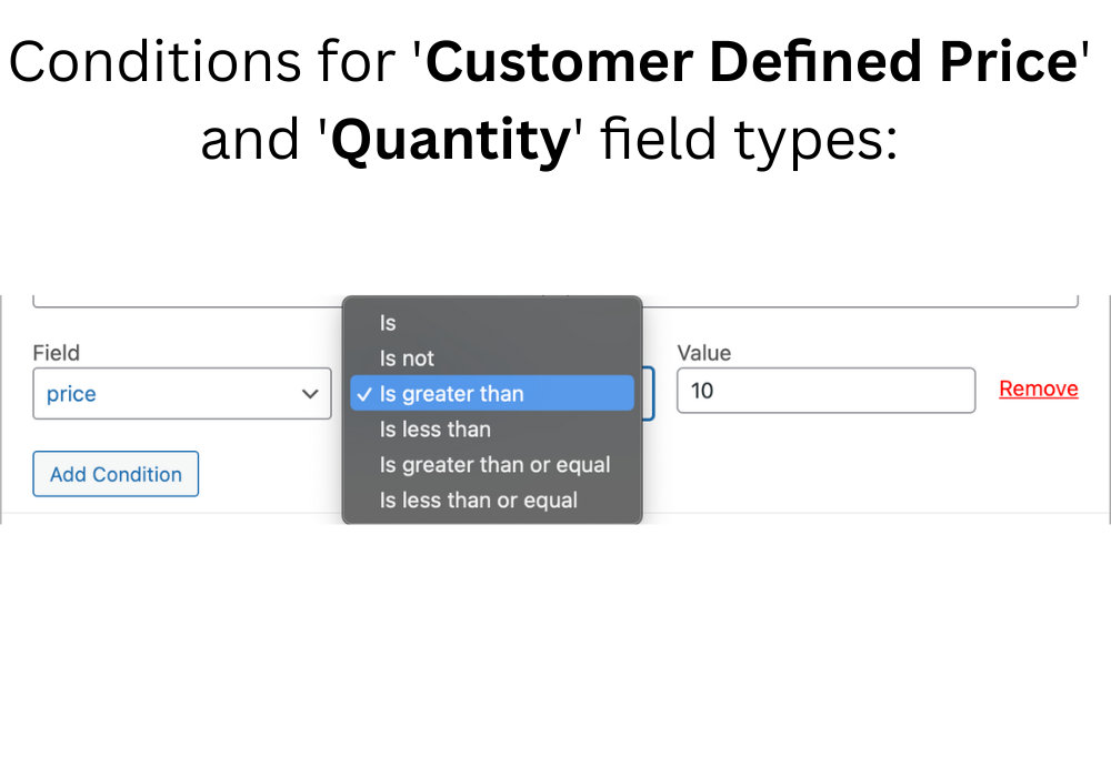 Condition types for numeric types of fields