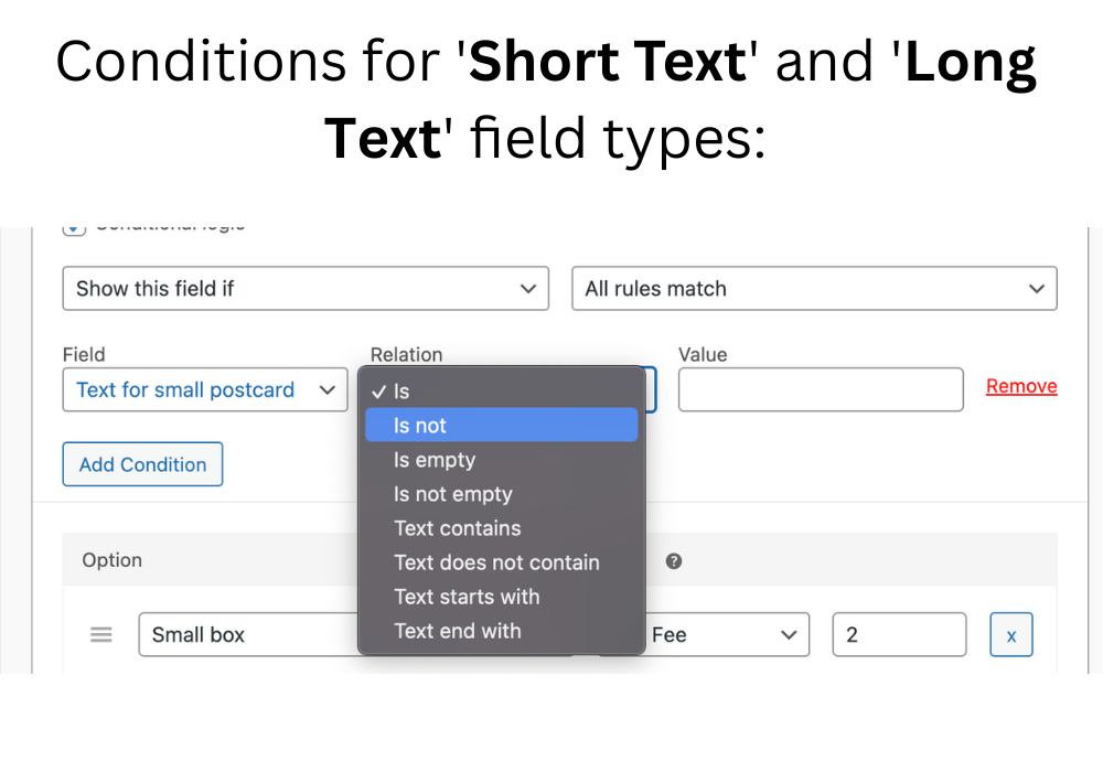 Condition types (relations) for text fields