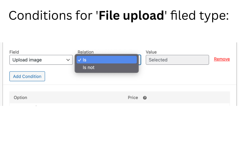 Condition types for File upload type of field