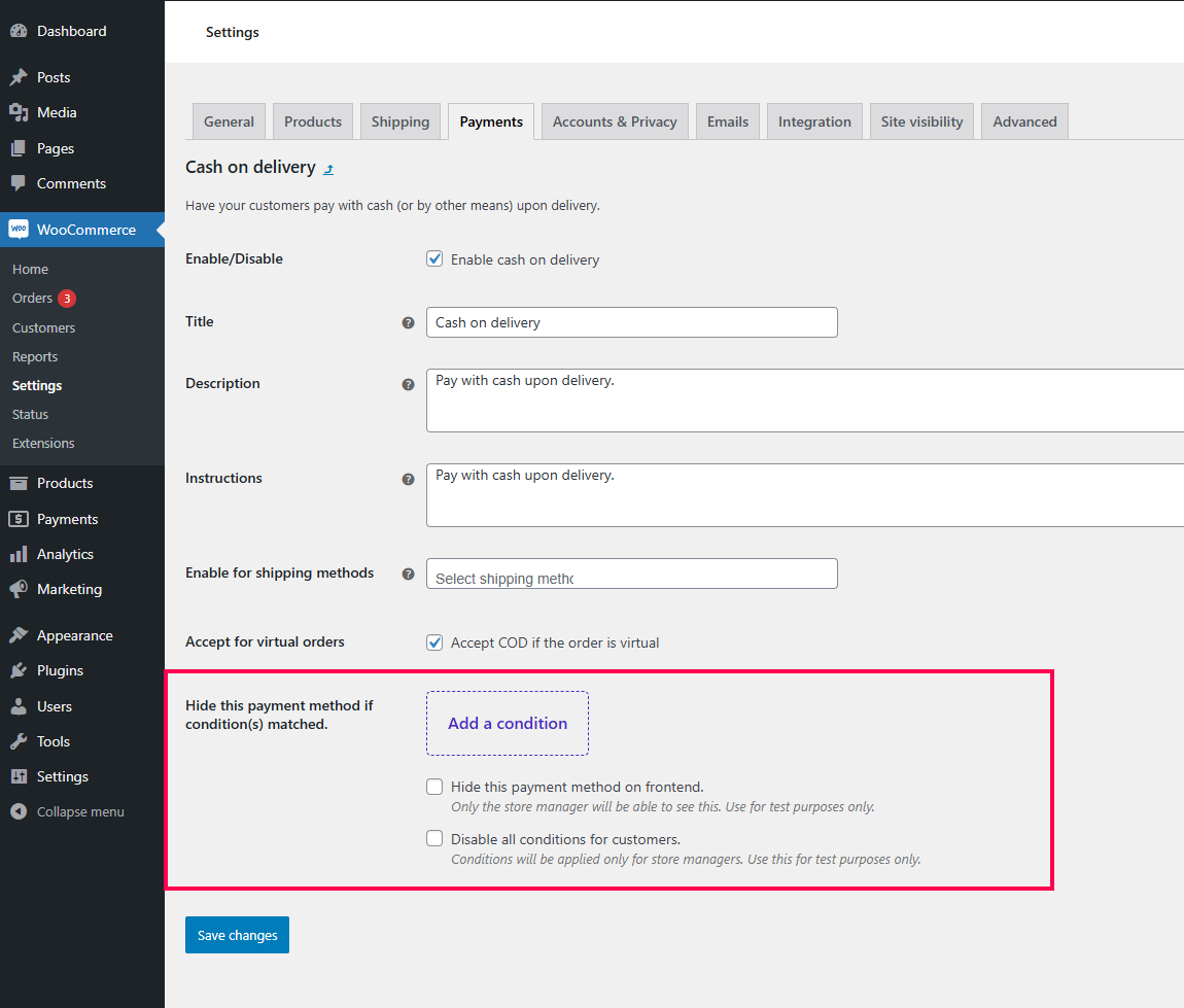 Add Condition – Easily set up conditional rules for Cash on Delivery (COD).