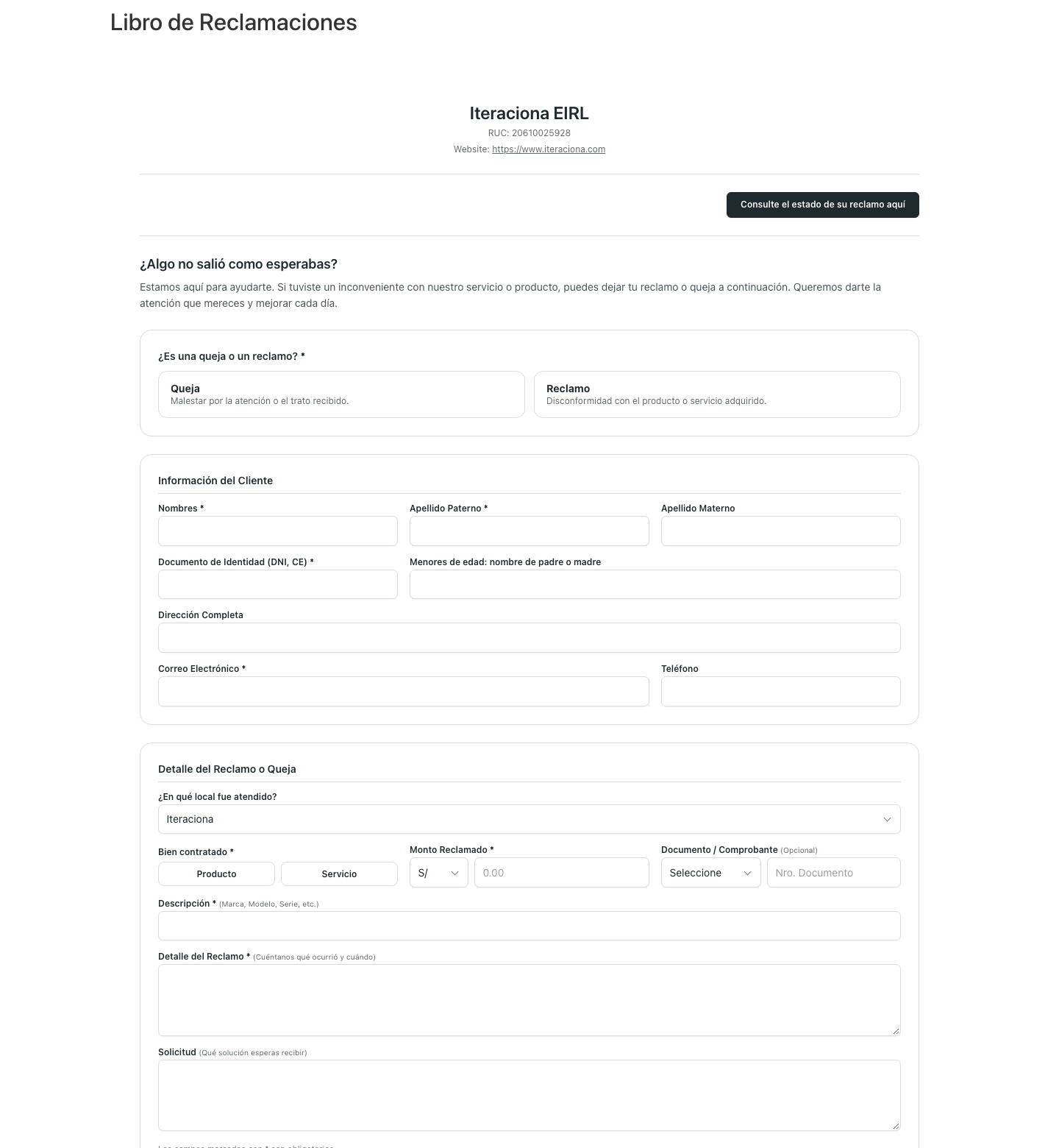 The complaints book on a page, with the default two-colour style.