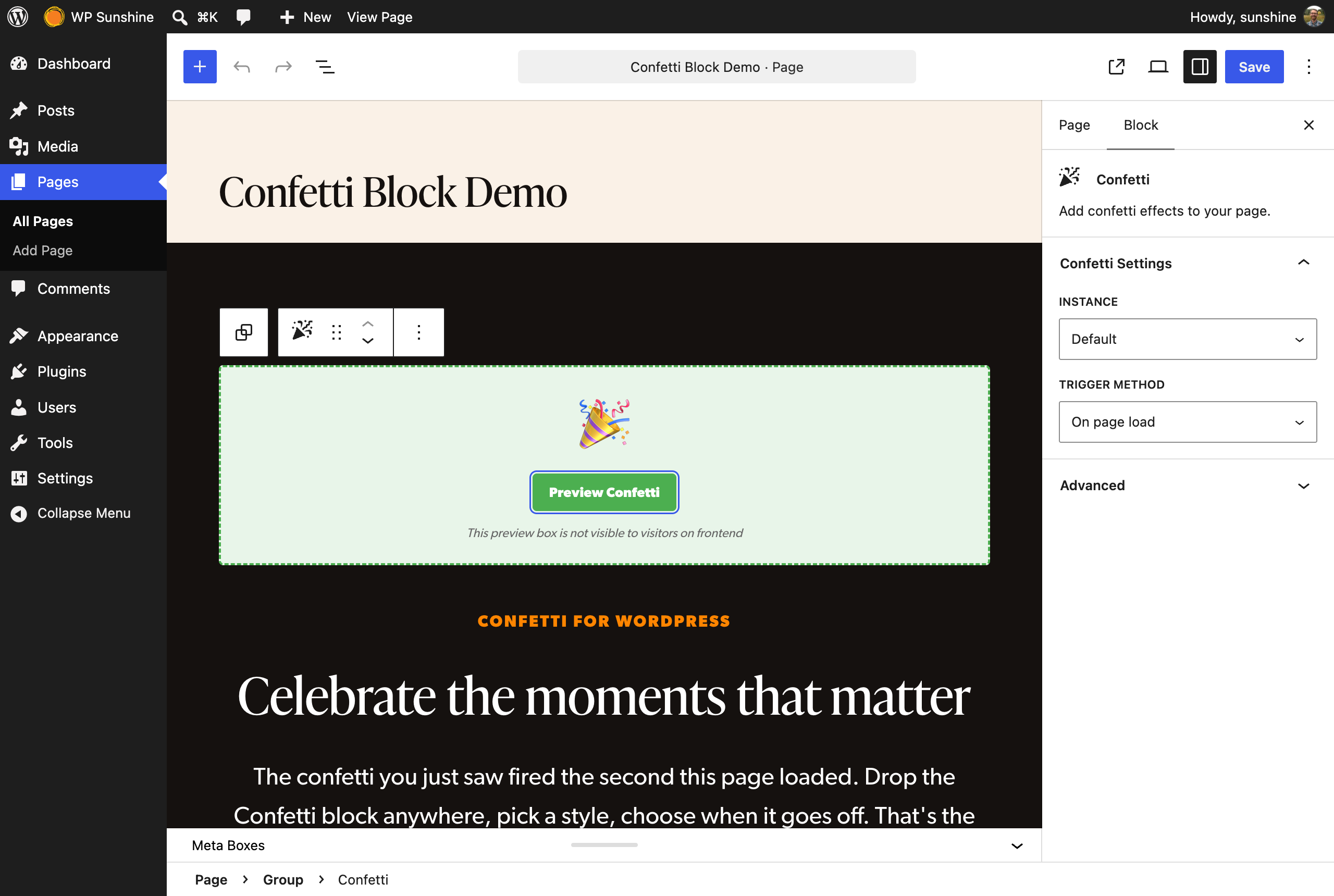 The Confetti block in the editor with its trigger setting: fire on page load or when it scrolls into view.