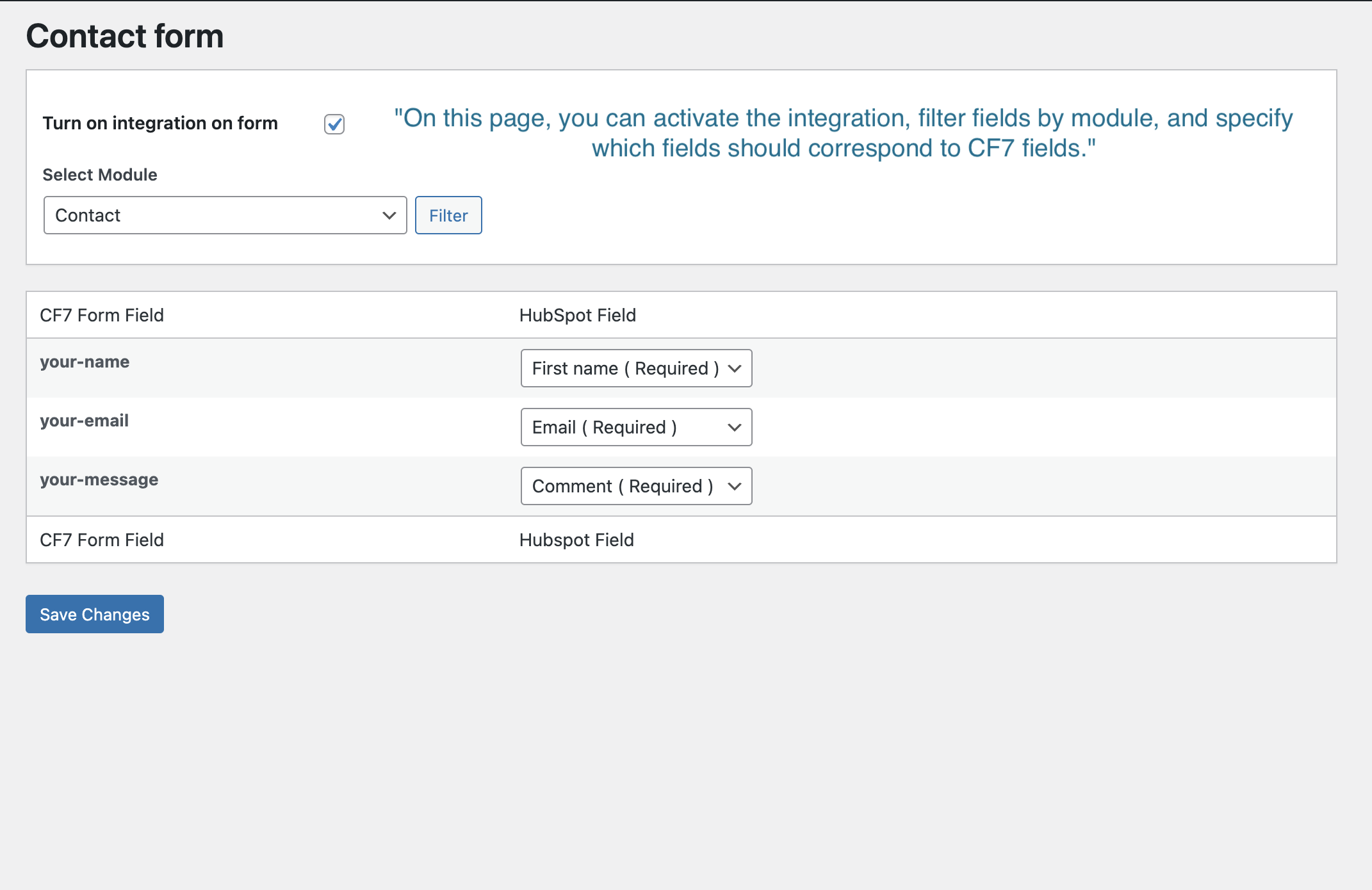 On this page, you can activate the integration, filter fields by module, and specify which fields should correspond to CF7 fields.