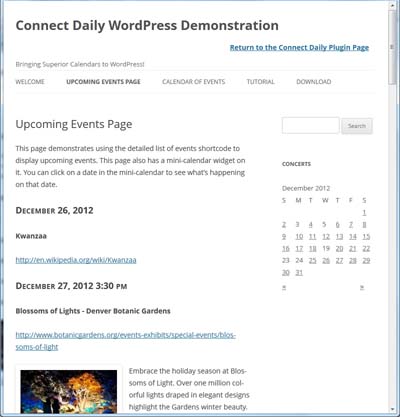 Screenshot Detailed List of Events and Mini-Calendar