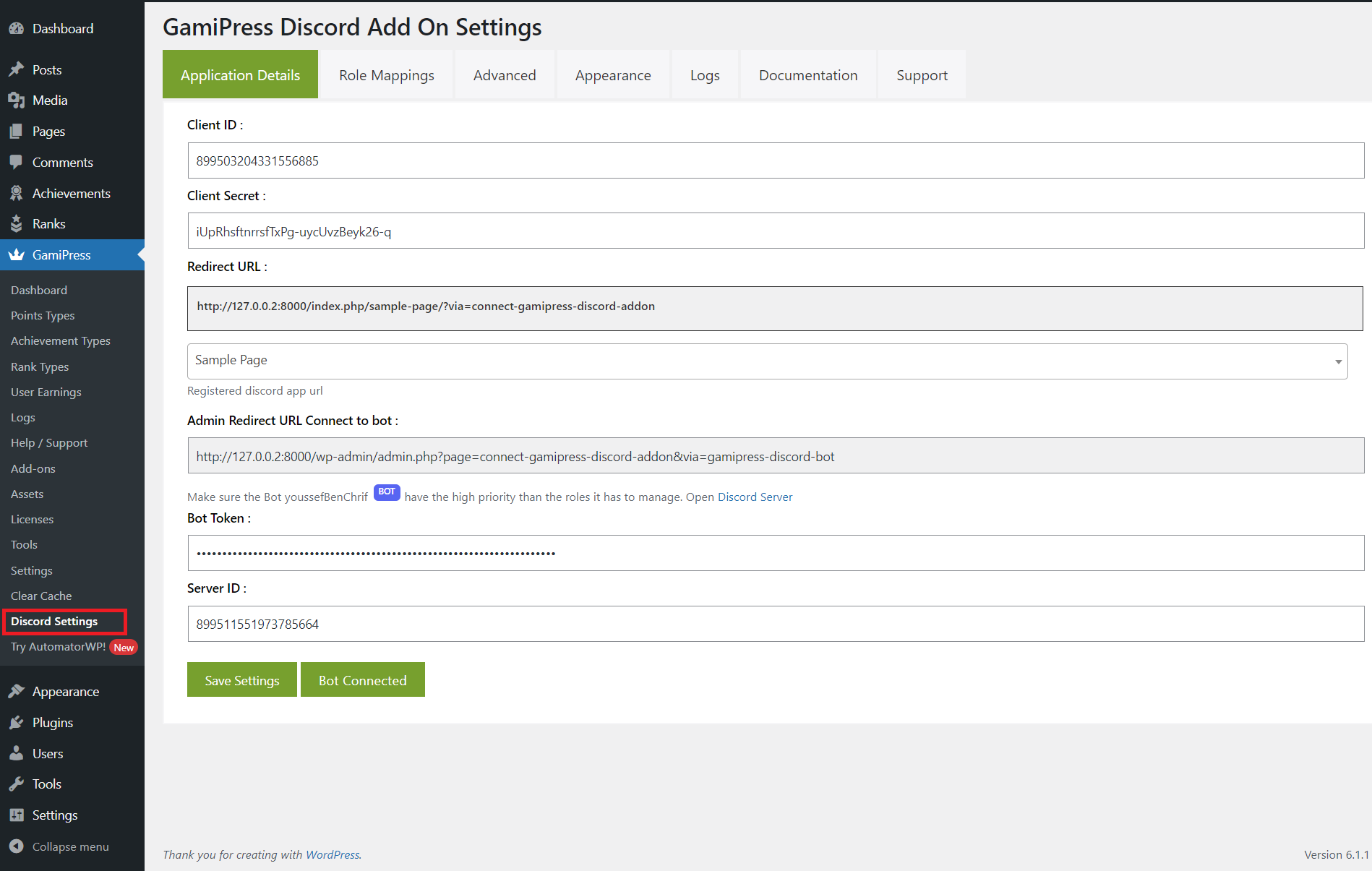 Install and activate the plugin and view the "Discord Settings" menu inside GamiPress.