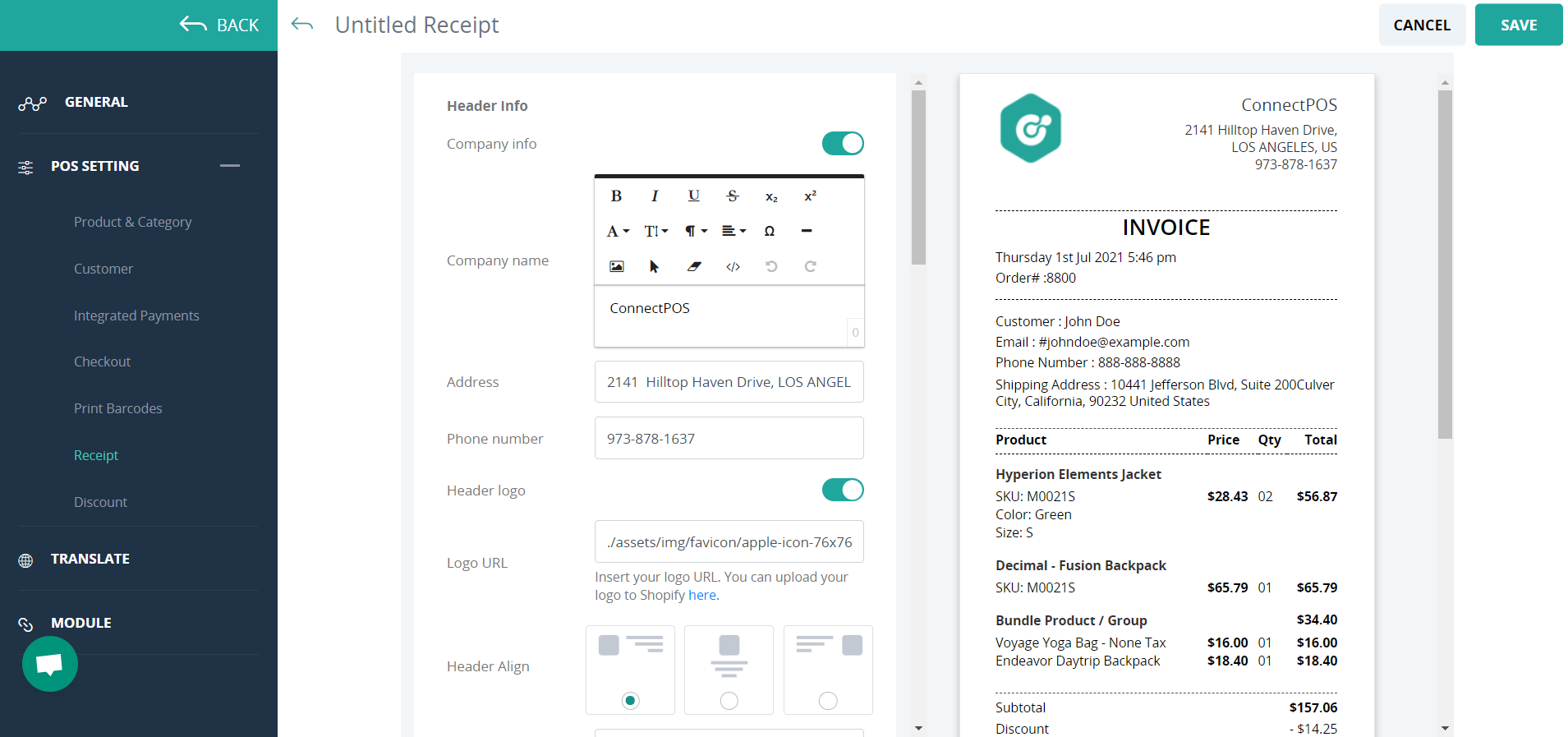 Create customized receipt within ConnectPOS app.