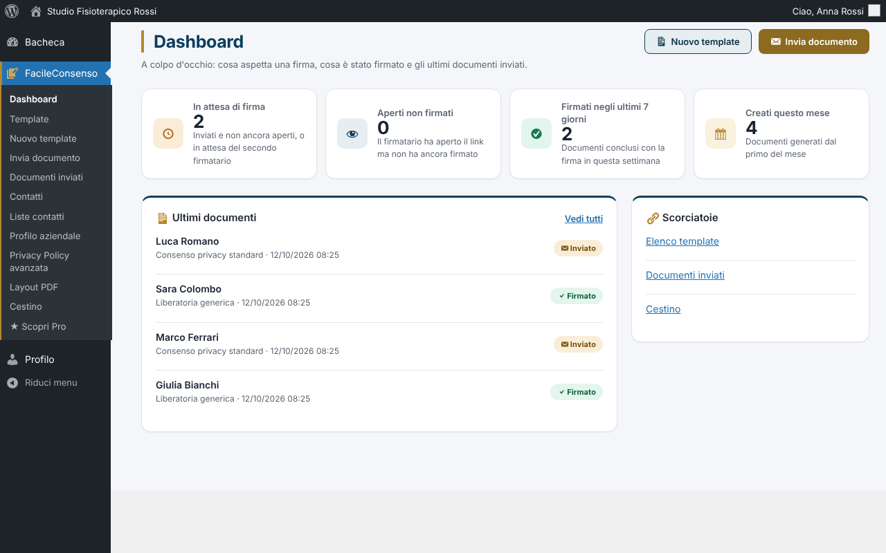 Dashboard: documents waiting for a signature, signed documents and latest activity at a glance