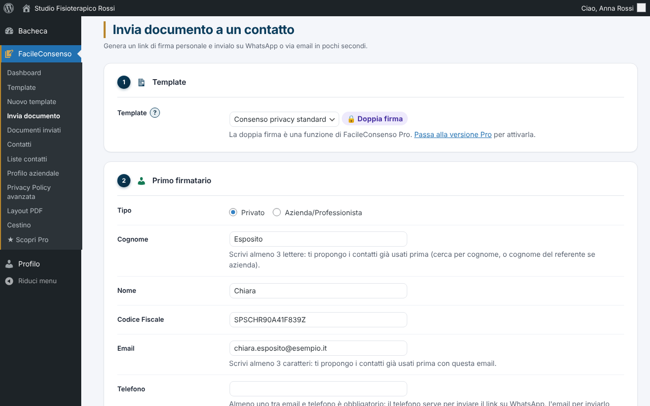 Sending a document: choose the template, enter the signer's details and get the signing link for WhatsApp or email