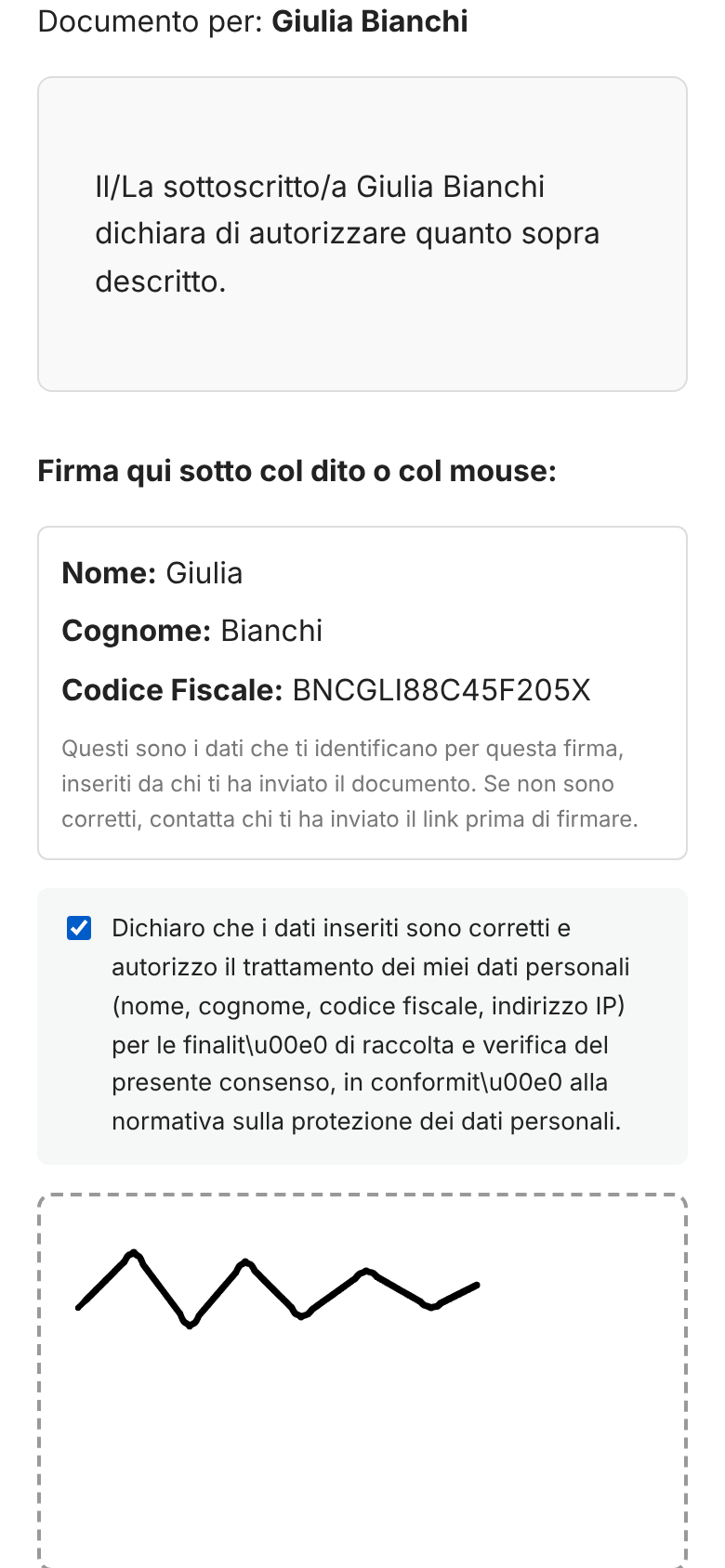 Signing page on a smartphone: the signer reads the document, accepts the privacy consent and signs with a finger