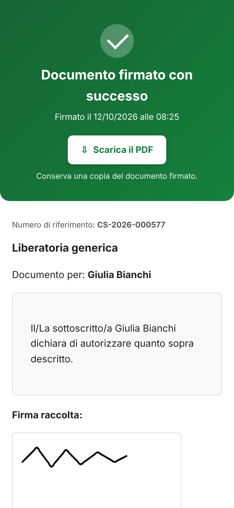 Confirmation page after signing, with the "Download the PDF" button and the reference number