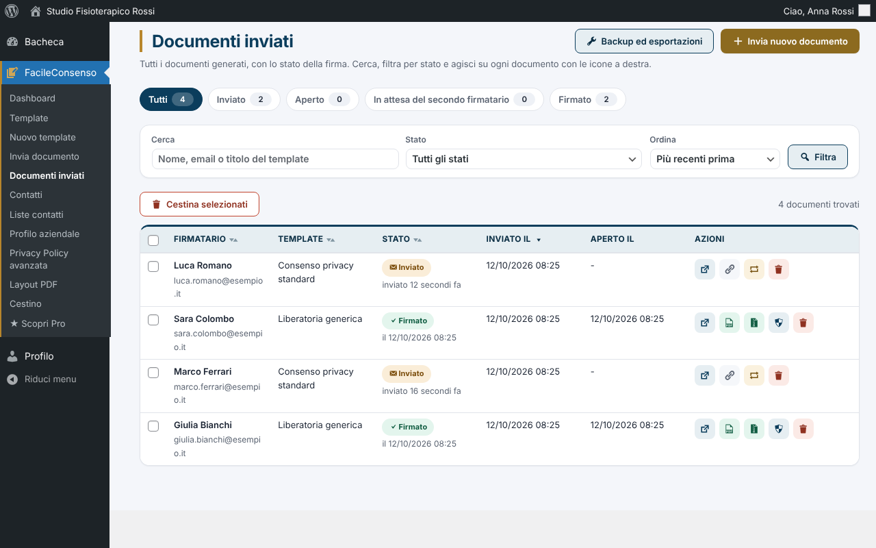 Sent documents: status of every document, search, filters and quick actions