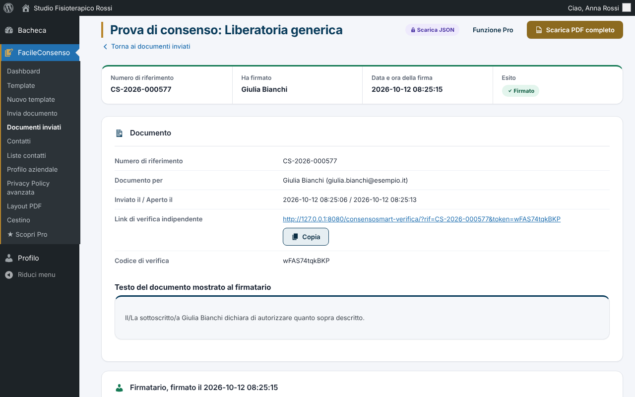 Proof of consent: reference number, verification link, timestamps and the exact text shown to the signer
