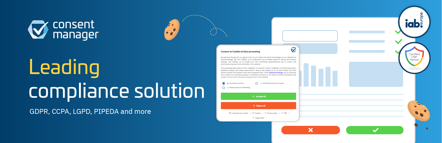 WordPress 外掛 consentmanager Cookie Banner for Cookie Consent (Google Consent Mode and GDPR compliant Cookie Notice) 的封面圖片。