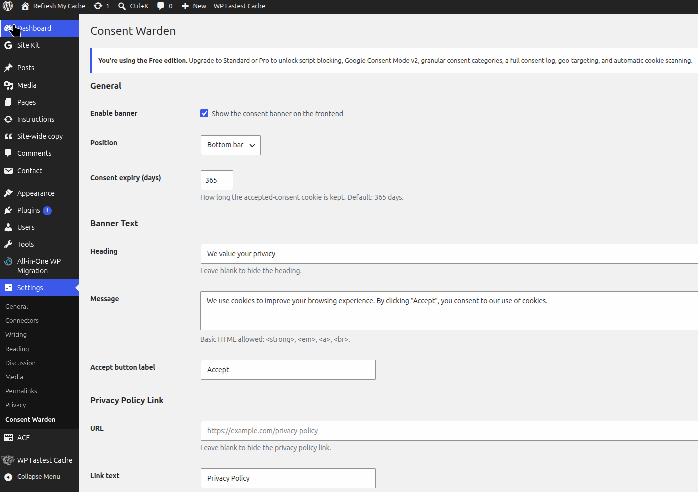 The settings page showing banner text, privacy policy link, and colour customisation.
