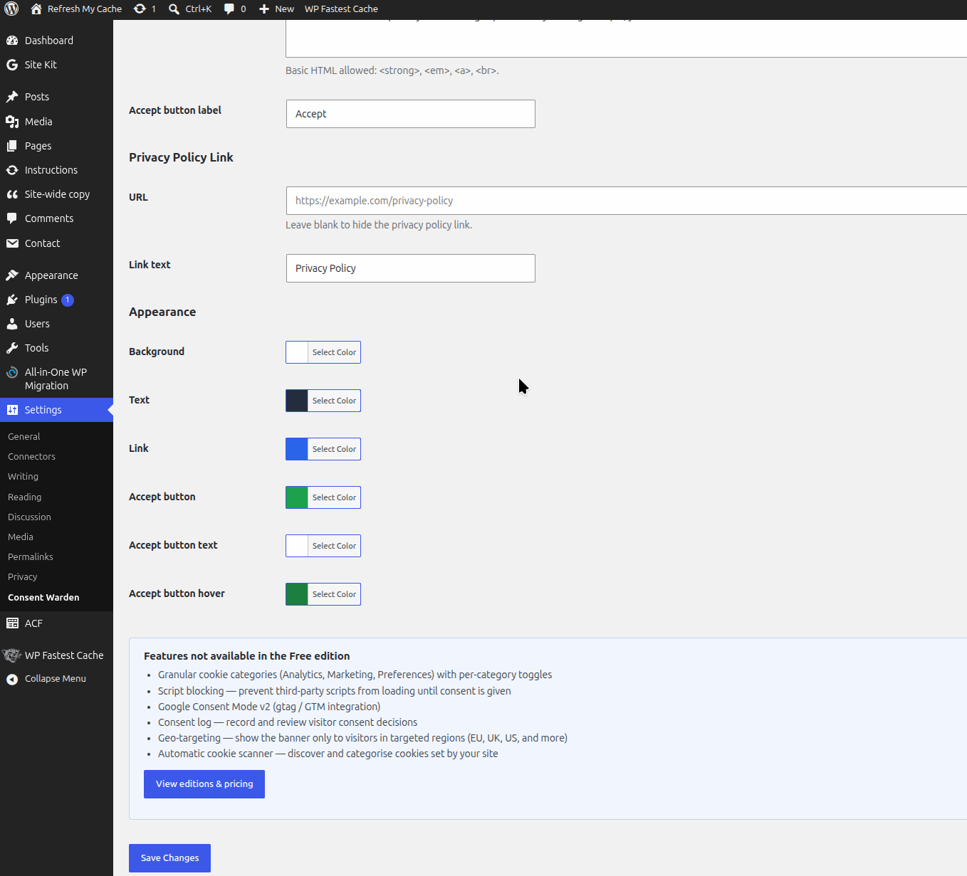The remaining settings page showing banner text, privacy policy link, and colour customisation.