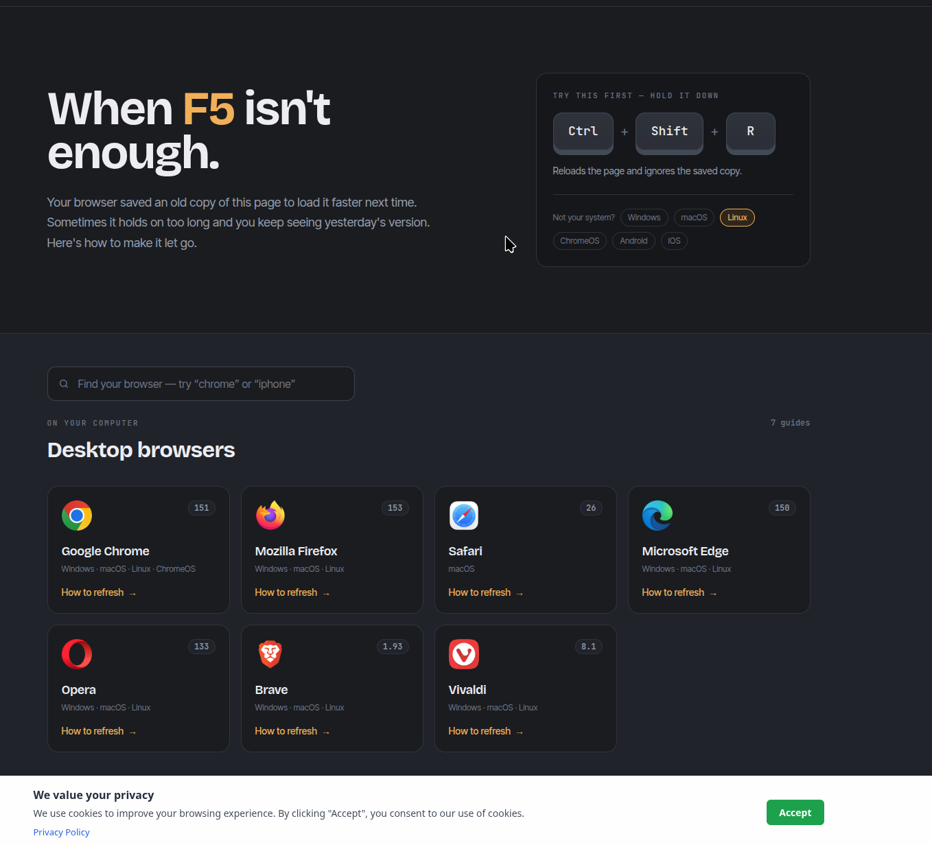 The consent banner in bottom-bar position with the default styling and a privacy policy link.