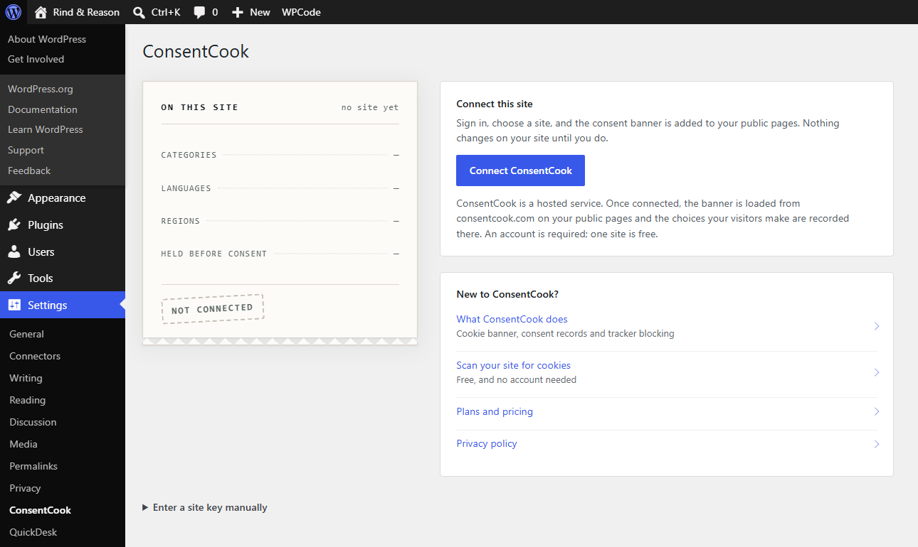 Settings → ConsentCook before connecting: one button, and the manual site-key fallback.