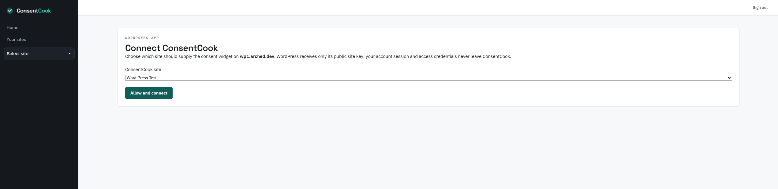 Choosing which ConsentCook site this WordPress install belongs to.