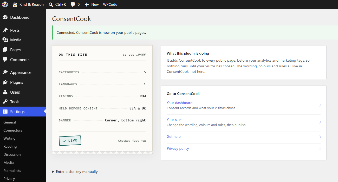 Settings → ConsentCook once connected, showing what is being published to the site.