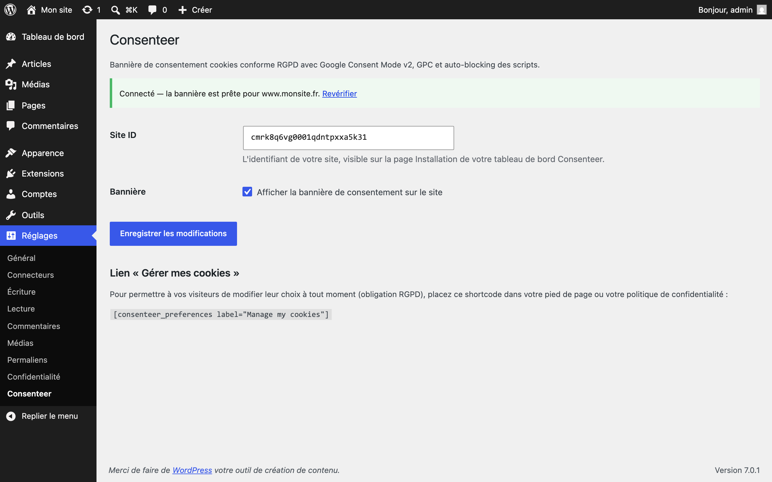 Settings screen: paste your Site ID, the connection check confirms everything is ready (and diagnoses unknown IDs or undeclared domains).