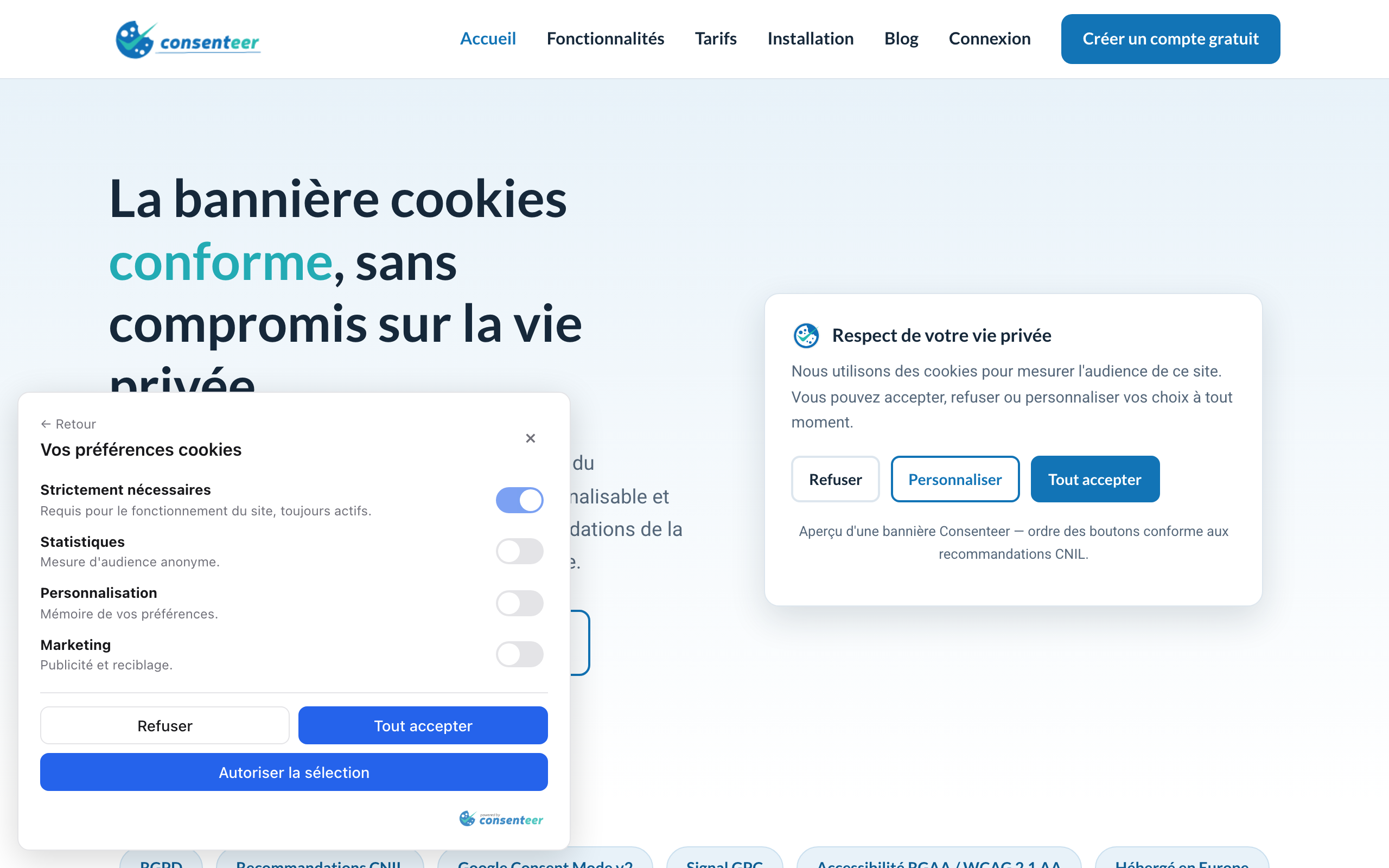 The Consenteer banner live on a site — preferences view with per-category toggles, CNIL-compliant button order.