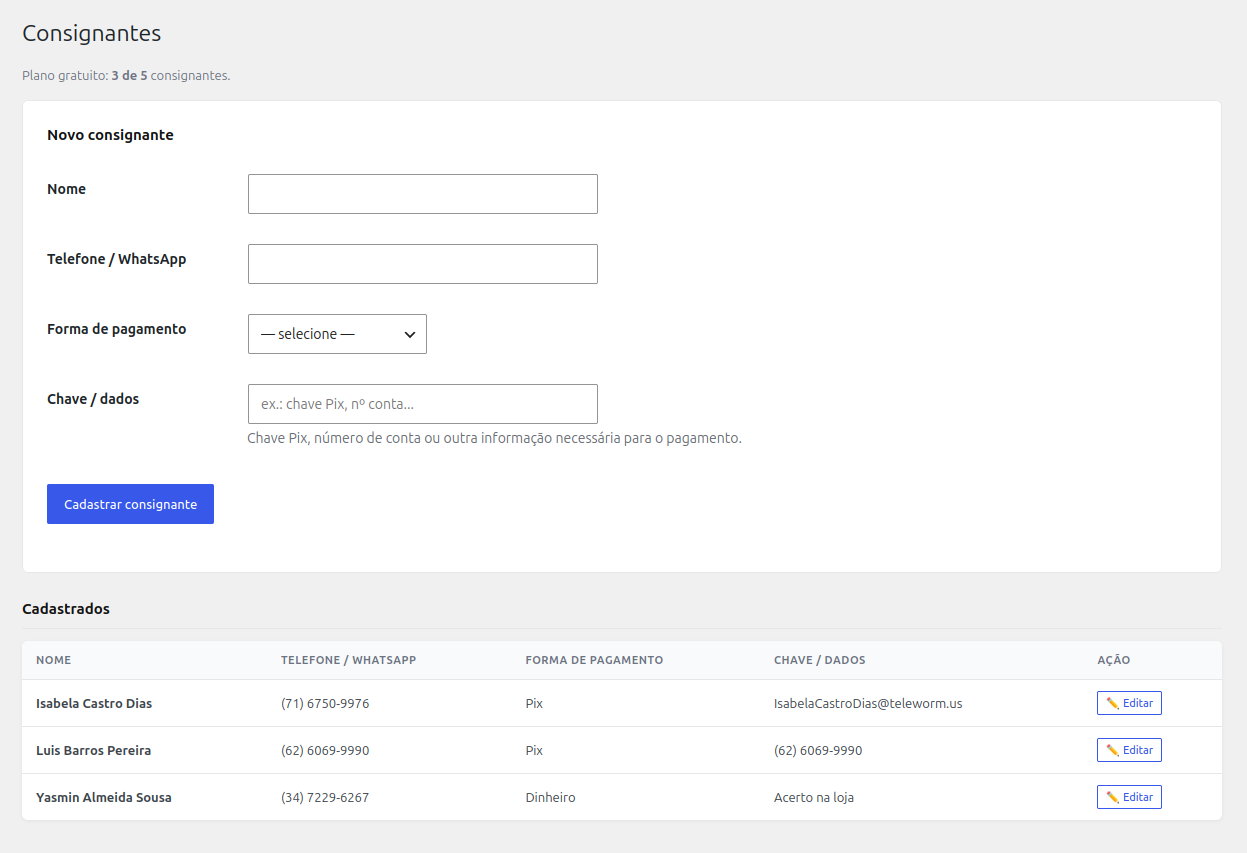 Consignors dashboard — list and registration