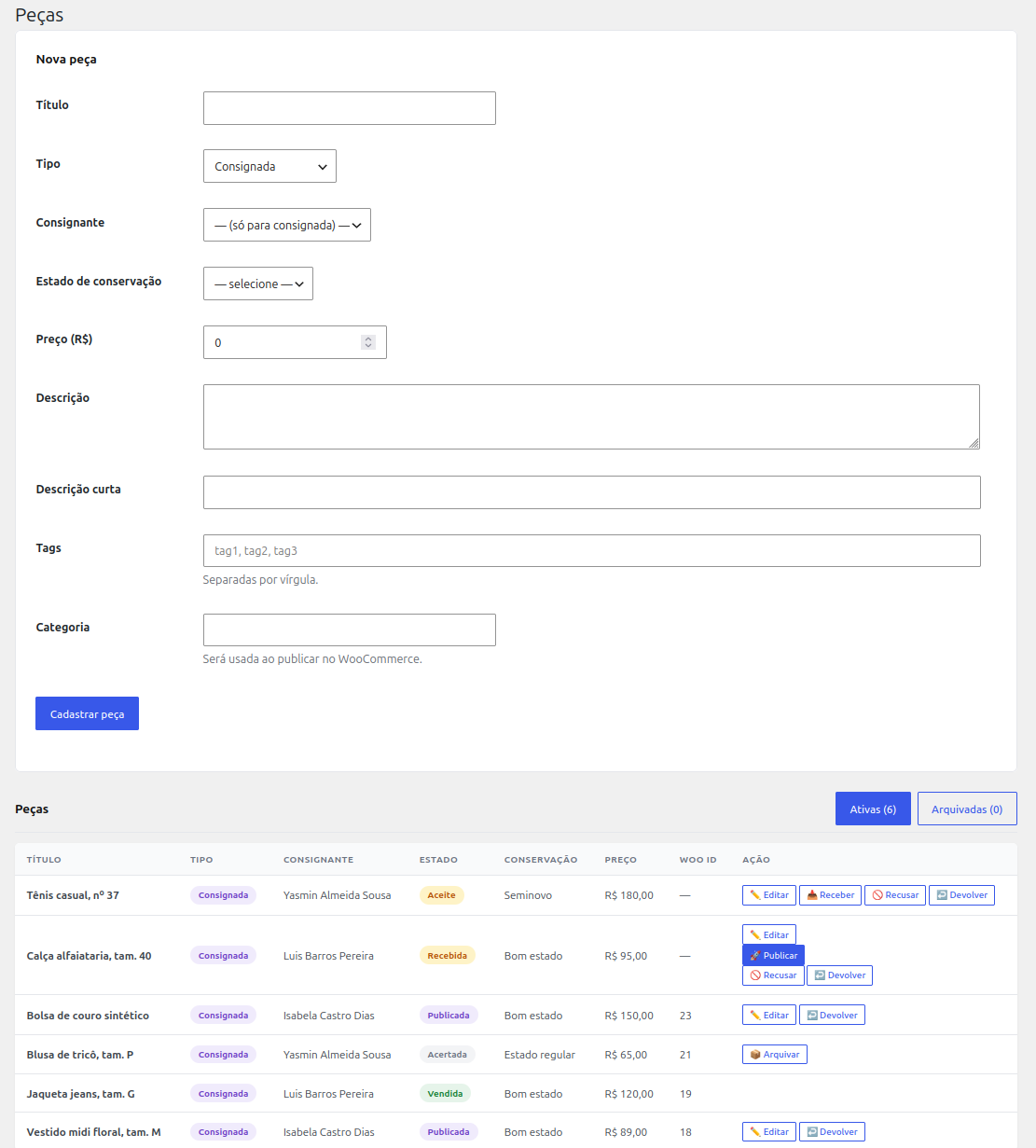 Items dashboard — list, registration, and publish to WooCommerce button
