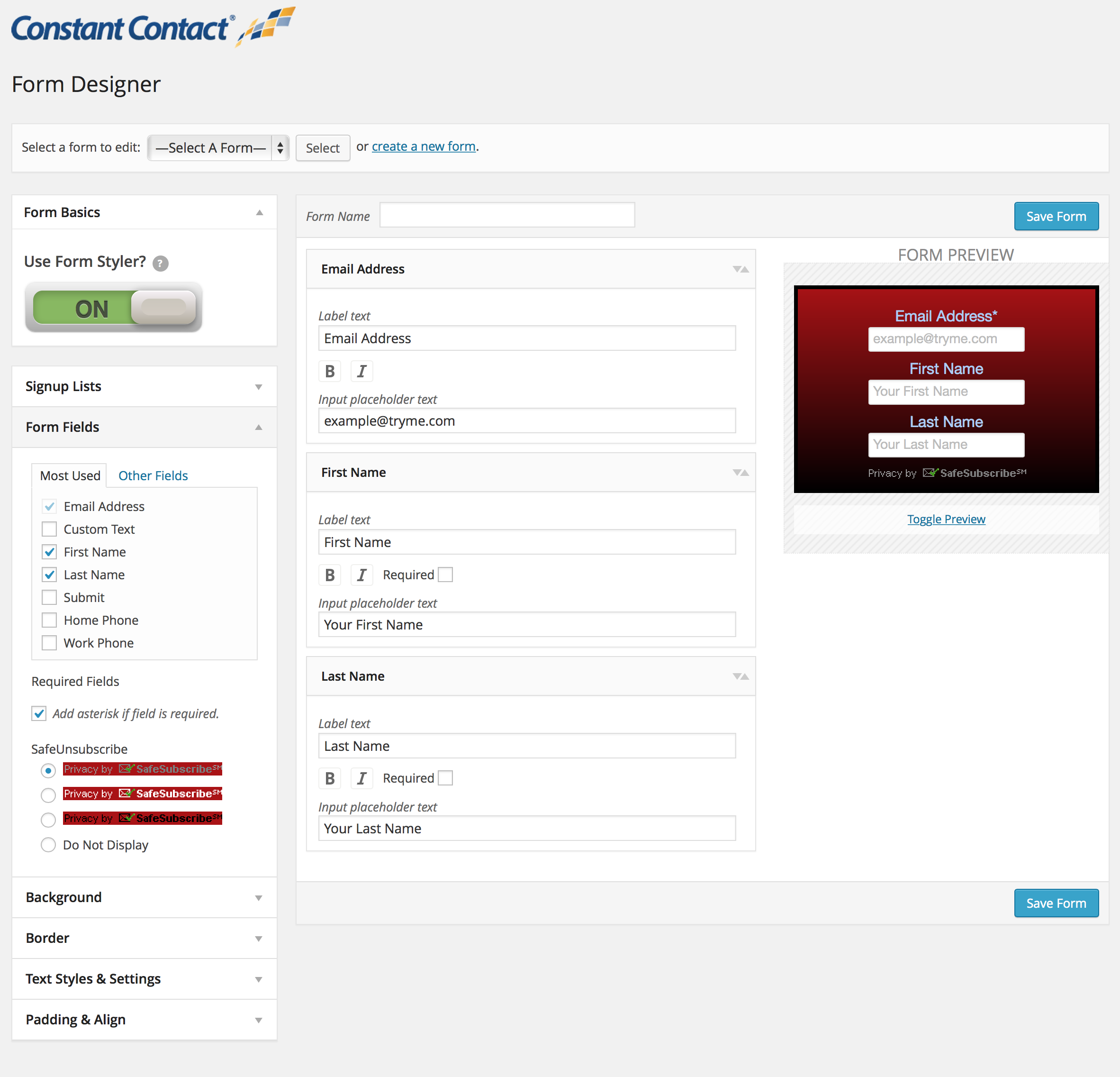 Form Designer - custom form designer built right into the plugin