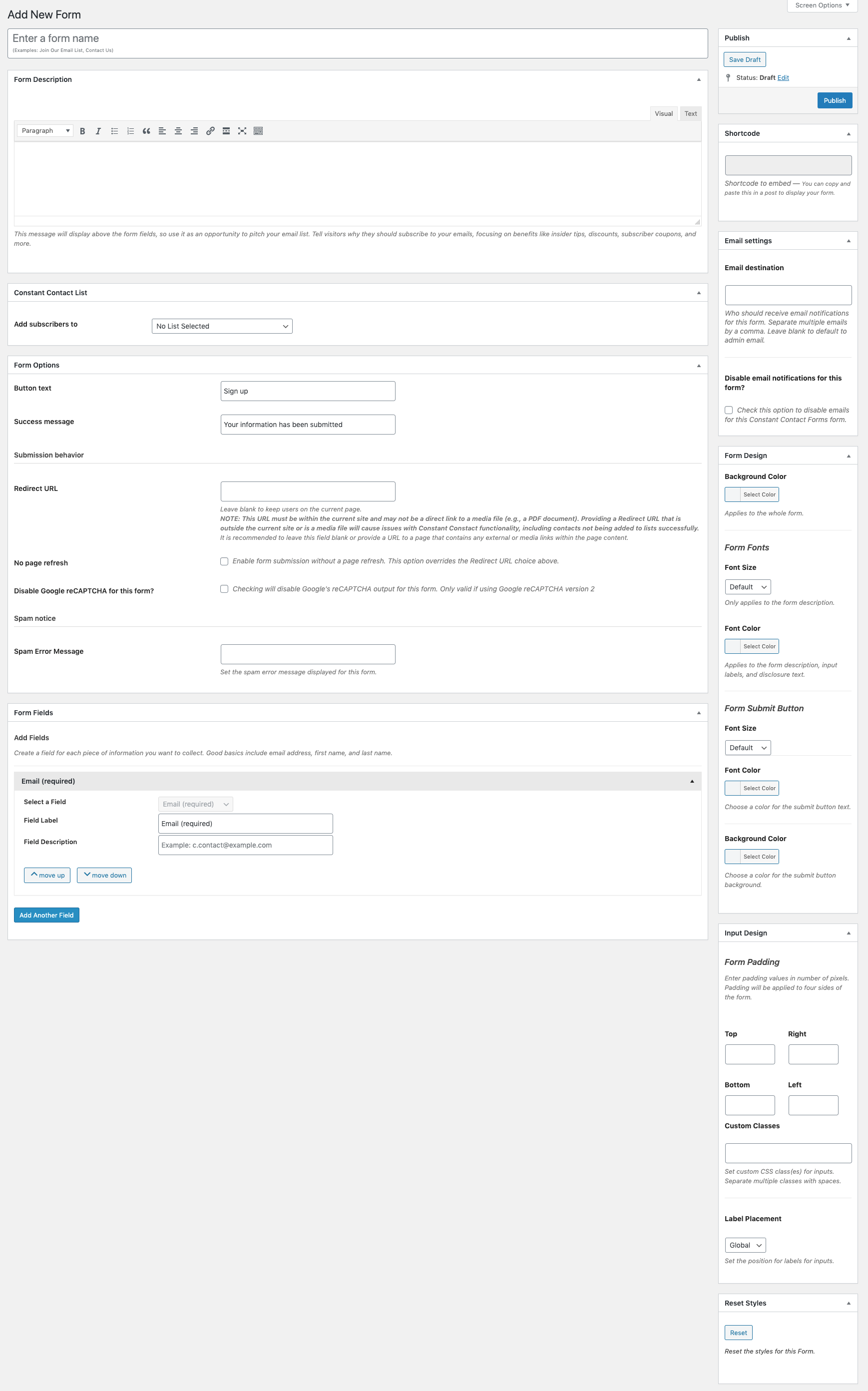 Adding a New form when connected to Constant Contact account.