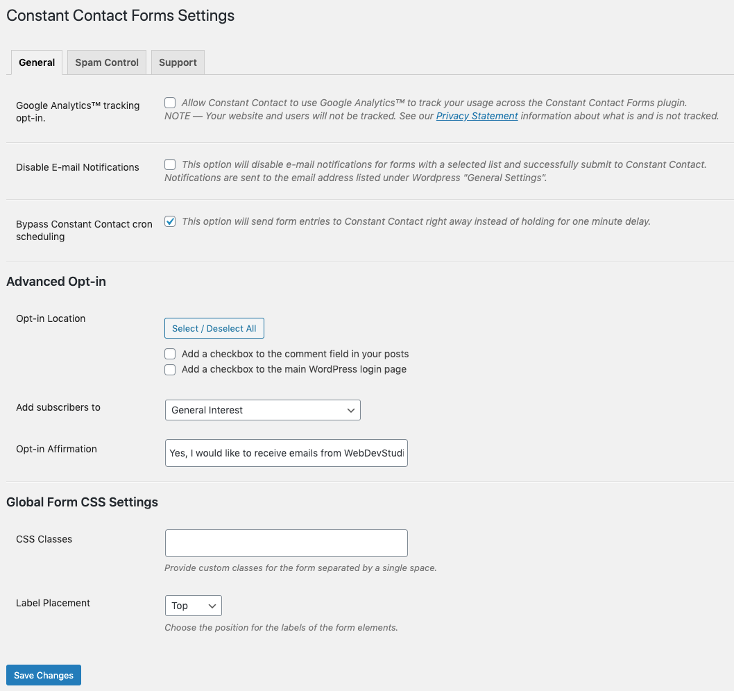 Settings page