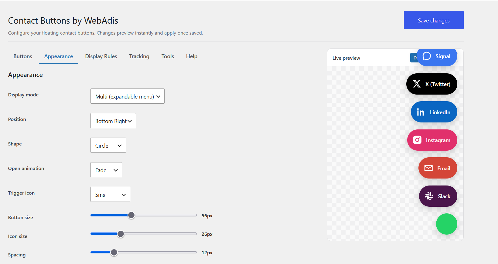 The settings screen with live preview.