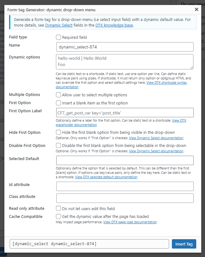 The form tag generator screen for the dynamic drop-down menu (select) form tag