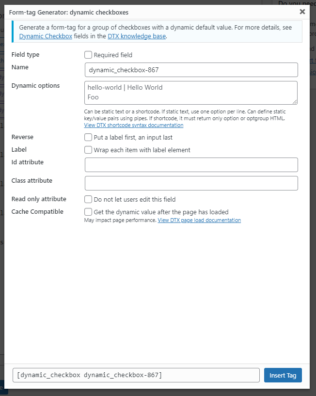 The form tag generator screen for the dynamic checkboxes form tag