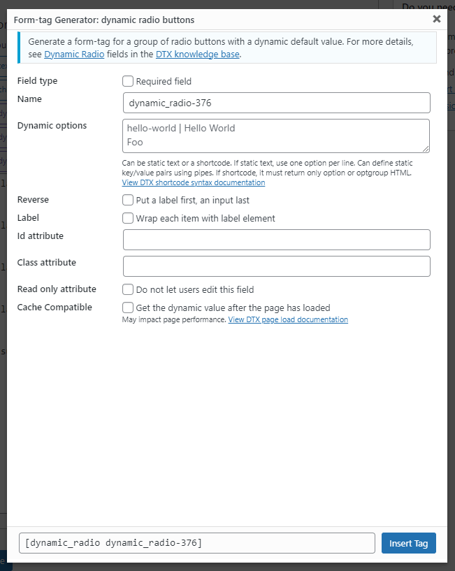 The form tag generator screen for the dynamic radio buttons form tag