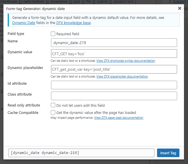 The form tag generator screen for the dynamic date form tag