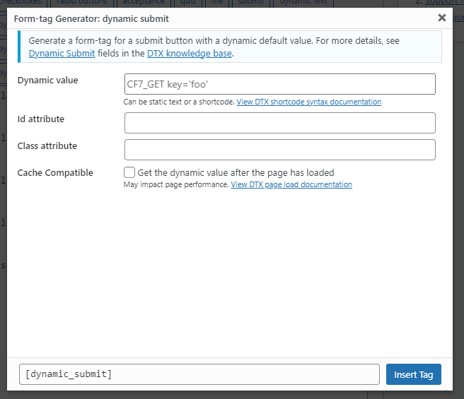 The form tag generator screen for the dynamic submit form tag