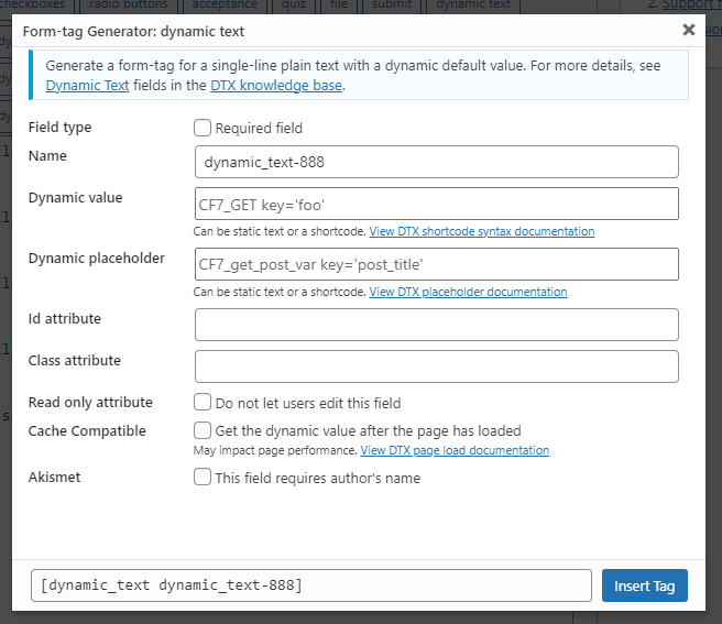 The form tag generator screen for the dynamic text form tag