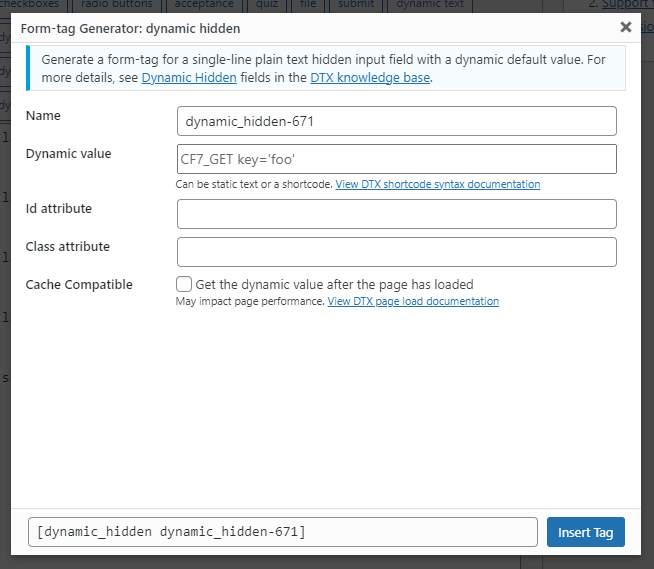 The form tag generator screen for the dynamic hidden form tag